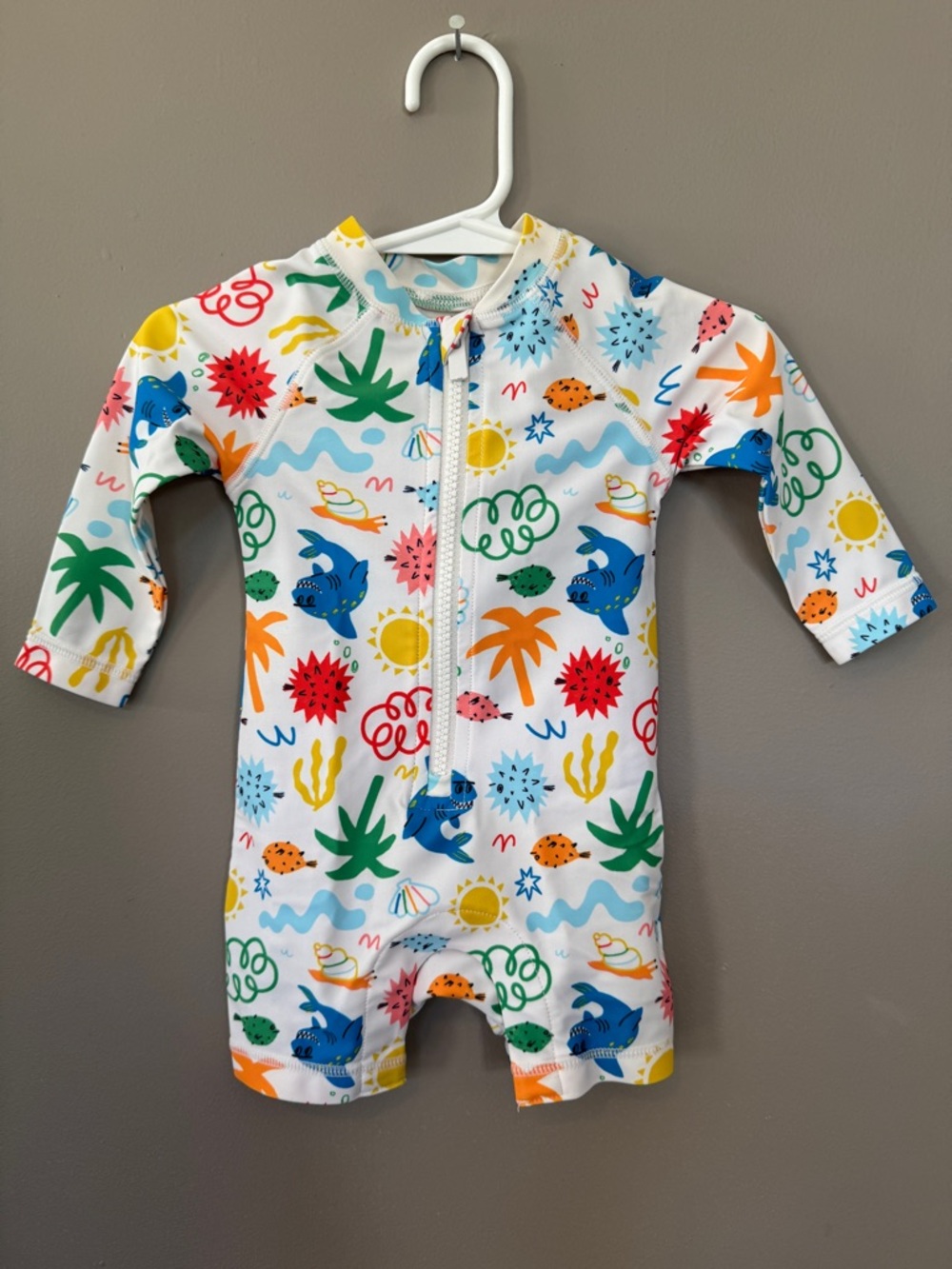 Old Navy Kids One-Piece Rashguard Swimsuit - White with Multicolor Ocean Prints